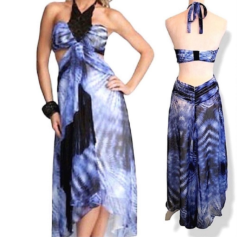 Bebe Bohemian Luxe Tie Dye Fringe Crochet Cut Out High Low Dress Blue Black Boho - Picture 15 of 16